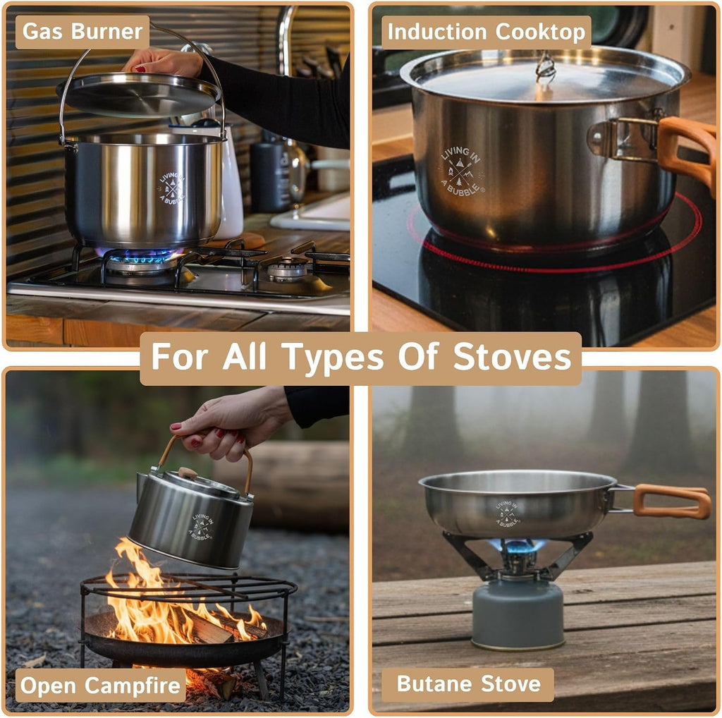 Living in a Bubble Premium 7-Piece Stainless Steel Cooking Set. Tri-layer Bonded Stainless-Steel - Ergonomic Handles with Silicone Sleeve - Compact & Stackable