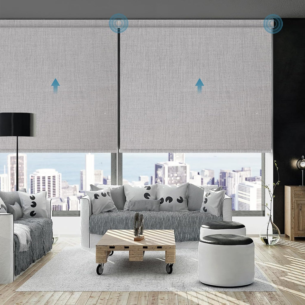 Motorized Roller Shade, 100% Blackout Smart Window Blinds Work with Homekit, Alexa, Google Home, Remote Control, Electric Blinds with USB/Solar Pannel Charging,Bouvardia Light Grey