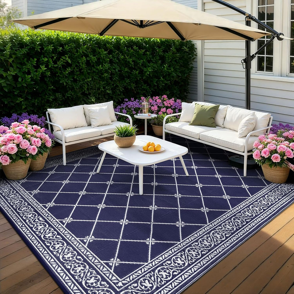 Outdoor Rug 10'x14' for Patios Waterproof Patio Rugs Outdoor Mats for Front Porch,Beach Mat,Reversible Plastic Straw Camping Rugs for Outside RV,Deck,Balcony,Backyard Navy Blue