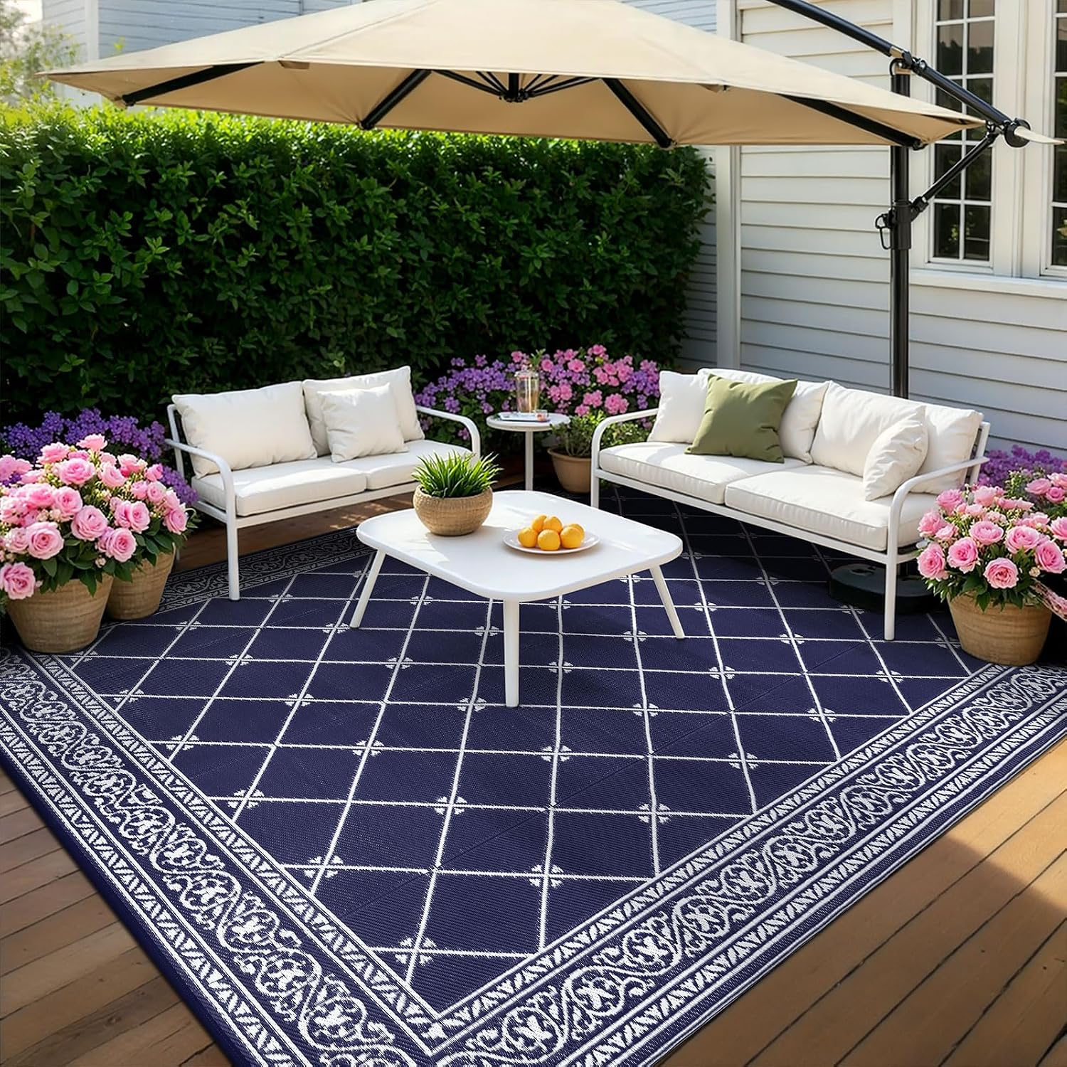 Outdoor Rug 10'x14' for Patios Waterproof Patio Rugs Outdoor Mats for Front Porch,Beach Mat,Reversible Plastic Straw Camping Rugs for Outside RV,Deck,Balcony,Backyard Navy Blue