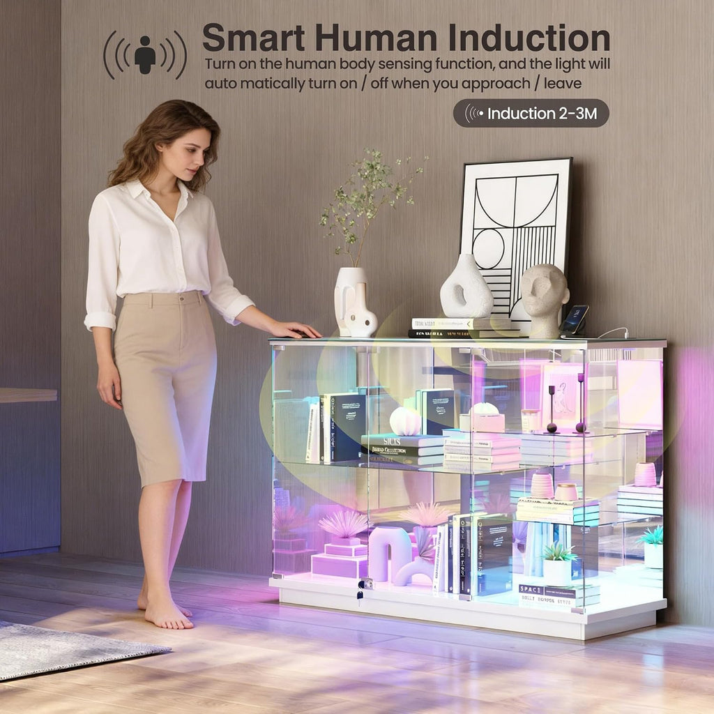 Lvifur RGB Glass Display Cabinet - with Lock, High Gloss Curio Cabinet Sideboard with Human Body Sensor & Glass Shelves for Toys, Books, Collectibles, Bookcase for Living Room, Kitchen, Study, White