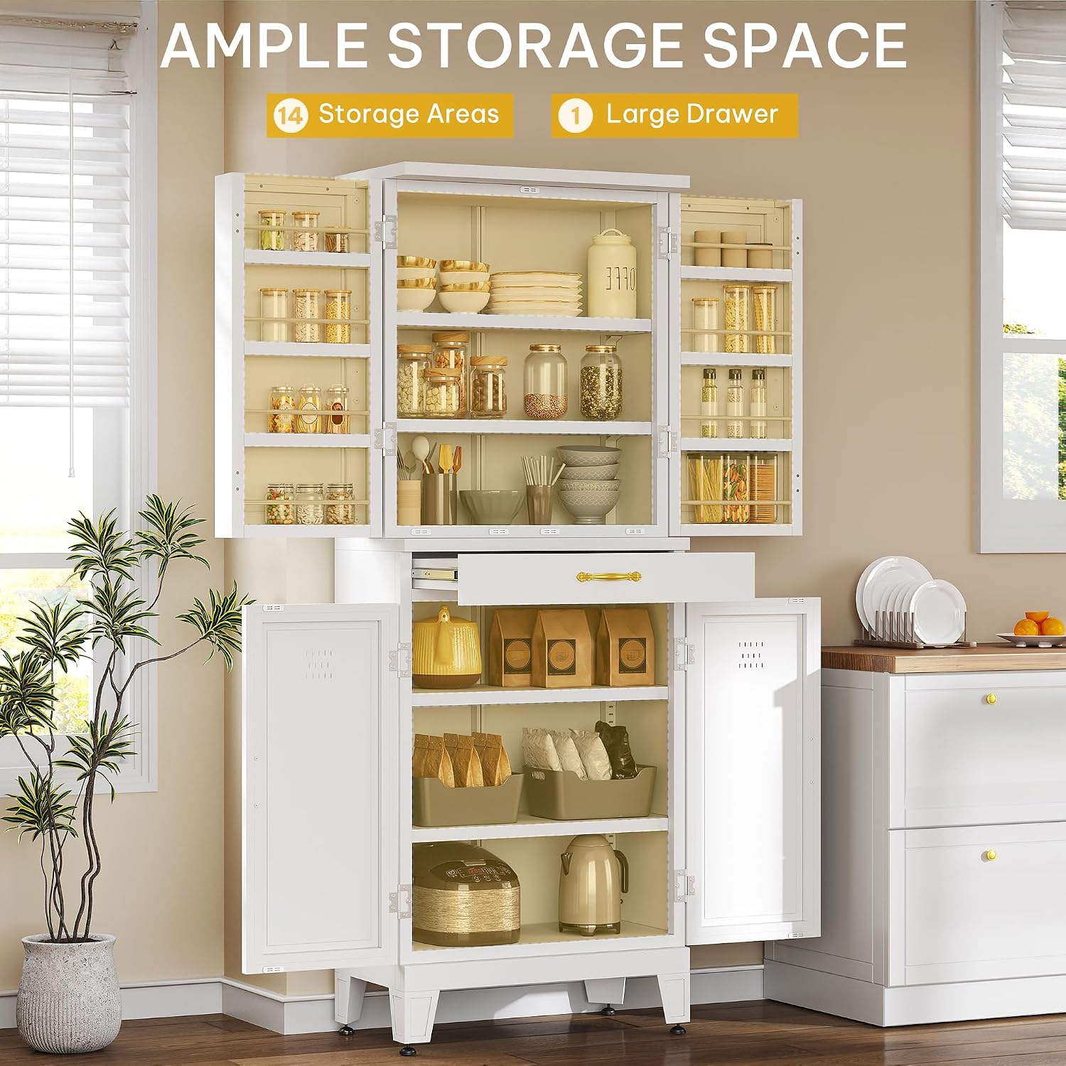DWVO Metal Storage Cabinet, 71' Kitchen Pantry Cabinet with 4 Door & 4 Adjustable Shelves & Drawer & Door Rack, 6-Tier Tall White Steel Cabinets for Kitchen, Living Room, Dining Room