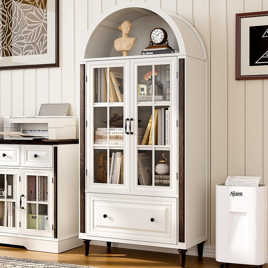 71' Handcrafted Arched Bookcase, Filing Cabinet for Home Office, Wooden Display Cabinet with Glass Doors and Adjustable Shelves for Living Room, Dining Area, and Office, White