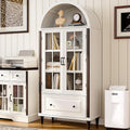 71' Handcrafted Arched Bookcase, Filing Cabinet for Home Office, Wooden Display Cabinet with Glass Doors and Adjustable Shelves for Living Room, Dining Area, and Office, White