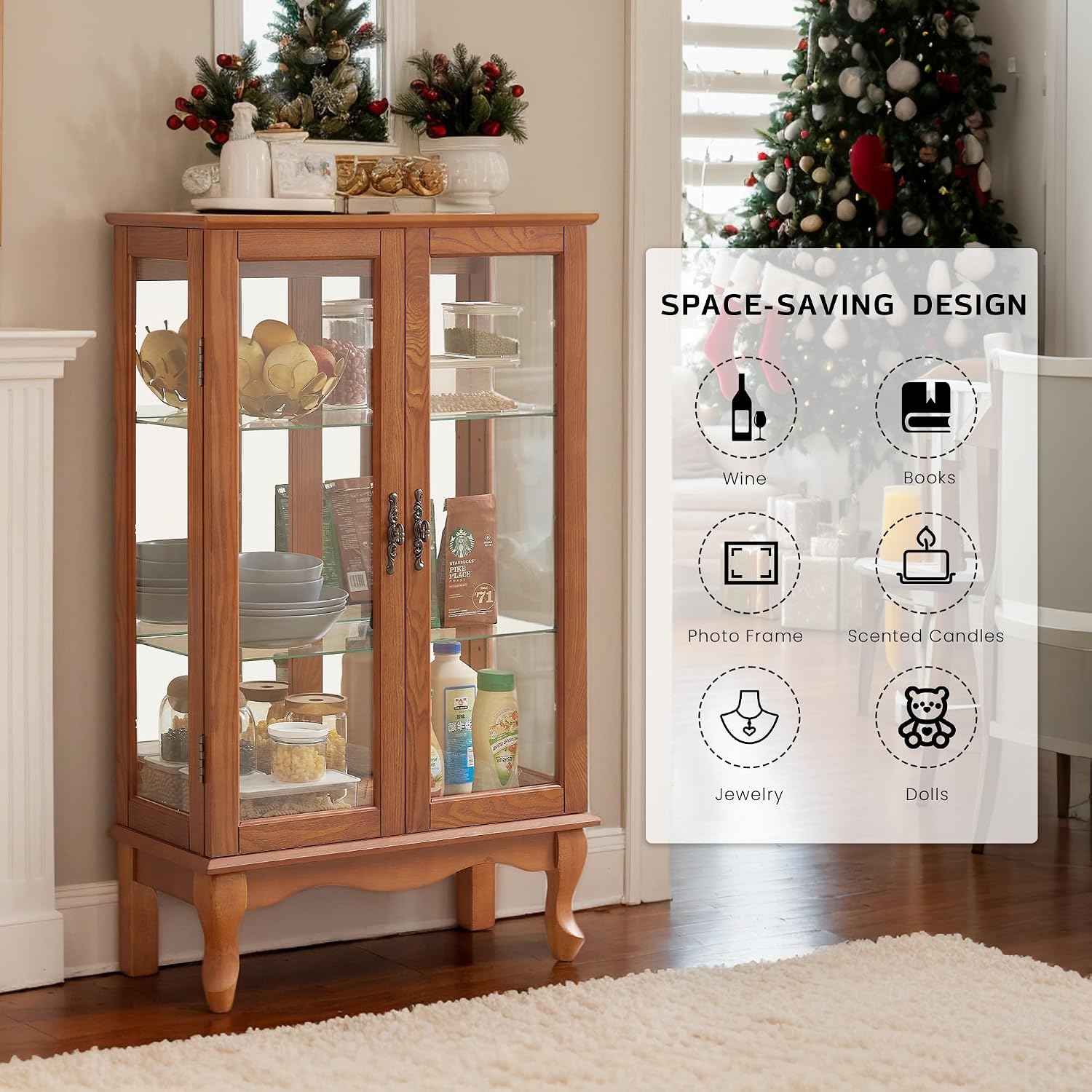 44' Small Lighted Glass Accent Curio Cabinet, Vintage China Cage with 2 Tempered Glass Doors & Adjustable Shelves, Acrylic Mirrored Pane, Elegant Wine Artwork Showcase Rack for Living Room (Dark Oak)