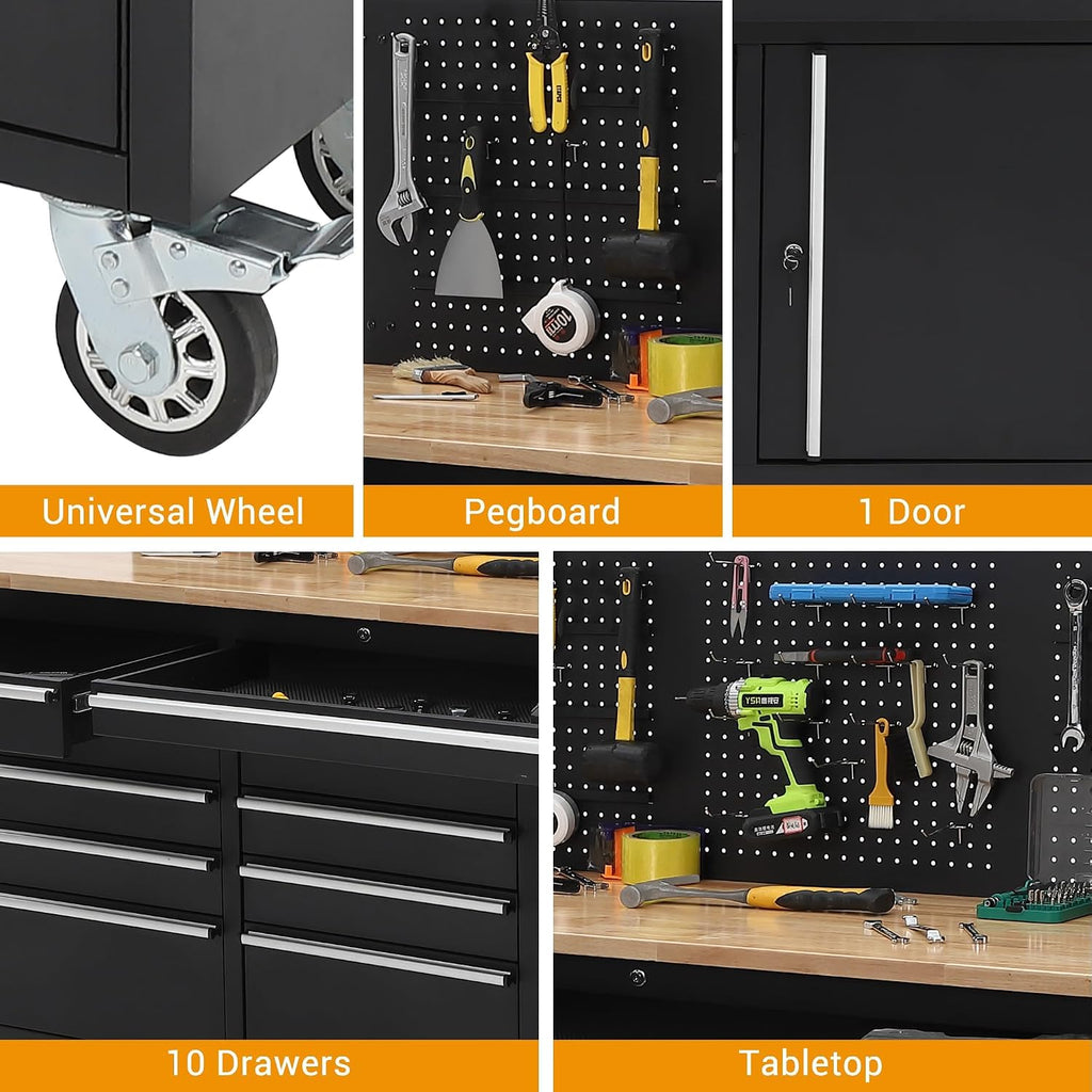 Tool Chest, 61 Inch Tool Box Mobile 9 Drawers Storage Rolling Cabinet with Wheels Lock Key Locking System Drawer Liners for Garage Warehouse Repair Shop, Black