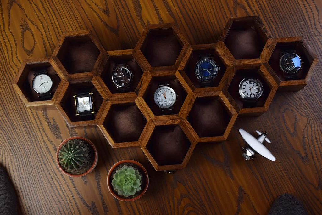 Extra Large 13 slot Superior Rosewood Honeycomb Watch Box Display Case Holder Collector Organizer for Men, Vintage Watch Storage Box to Store and Keep your Watches Safe and Sophisticated.