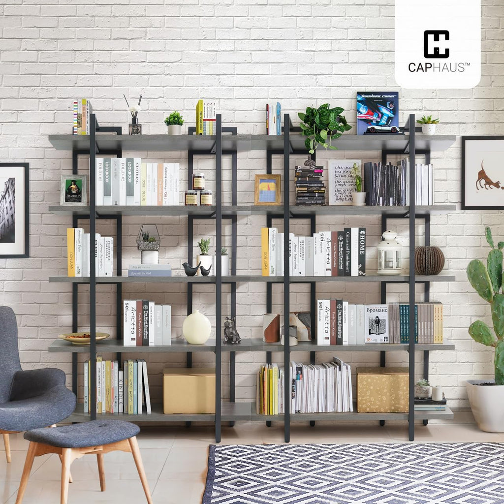 CAPHAUS 5-Tier Book Shelf, 71' H Vintage Industrial Bookcase with Open Display Shelving, Wooden and Metal Shelving Unit, Bookshelves and Bookcases, Stand Shelf for Bedroom, Home Office, Rustic Oak