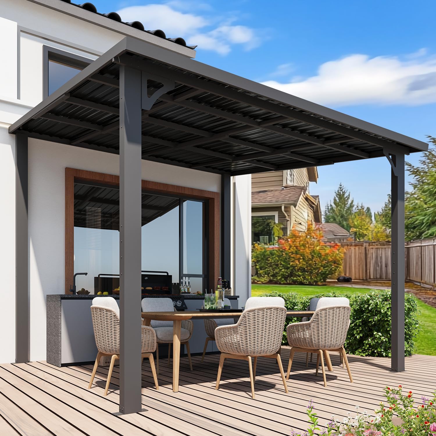 AECOJOY 10' x 10' Hardtop Gazebo Outdoor Pergola, Heavy Duty Lean to Metal Pergolas and Gazebos Clearance, Wall-Mounted Grill Gazebo Galvanized Steel Patio Roof Awnings for Patio, Decks