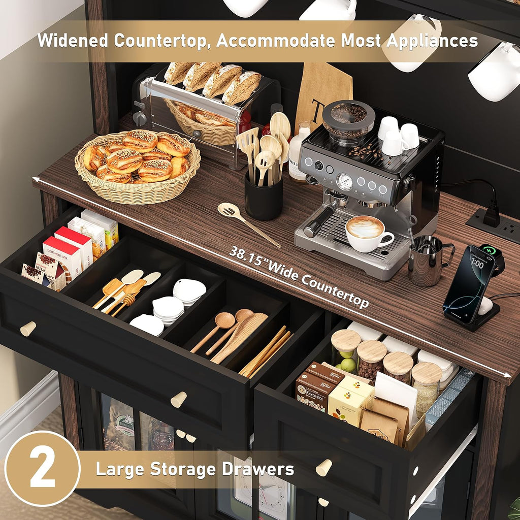 70' Kitchen Pantry Cabinet with Power Outlet| LED Lights, 38' W Kitchen Hutch Storage Cabinet with Countertop, Tall Kitchens Hutch Cabinets for Home Dining Living Room, Black