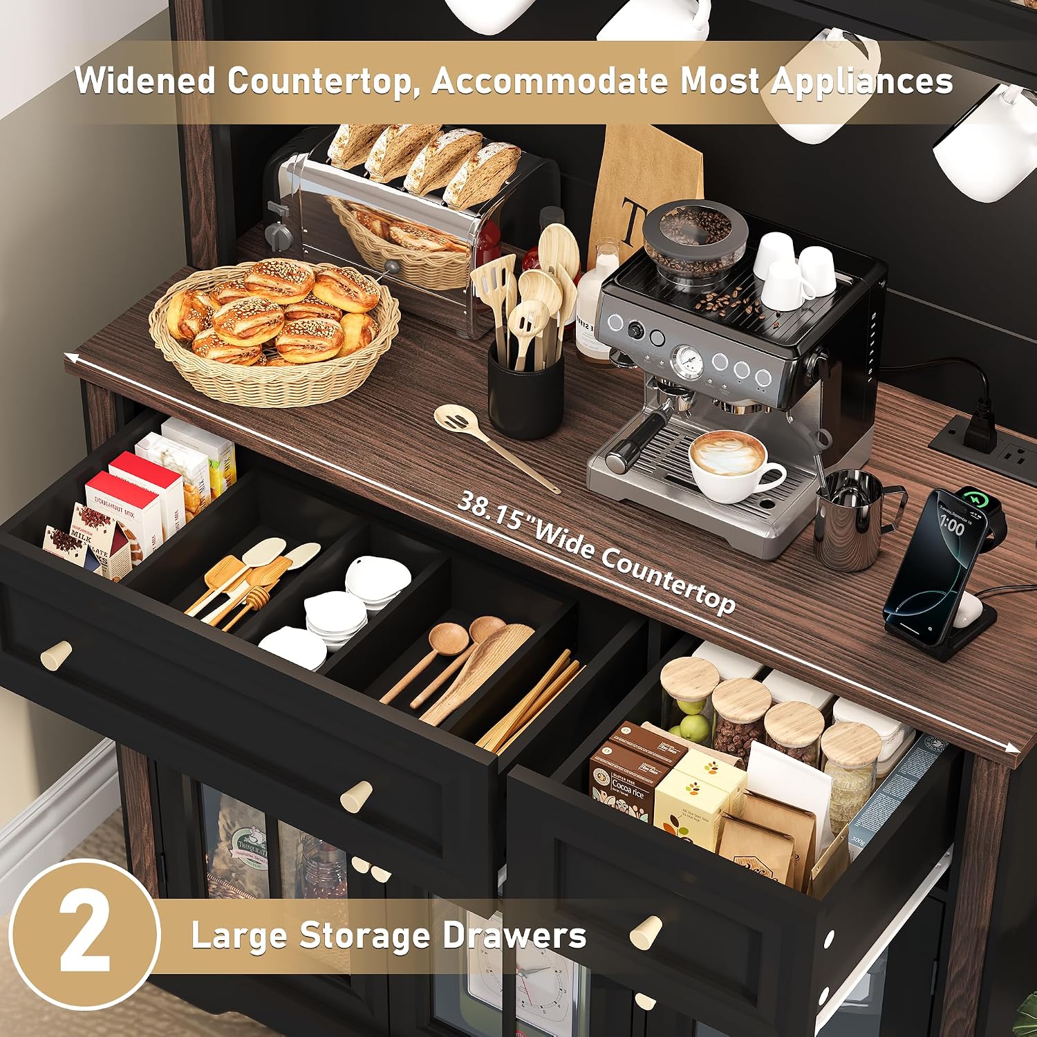 70' Kitchen Pantry Cabinet with Power Outlet| LED Lights, 38' W Kitchen Hutch Storage Cabinet with Countertop, Tall Kitchens Hutch Cabinets for Home Dining Living Room, Black