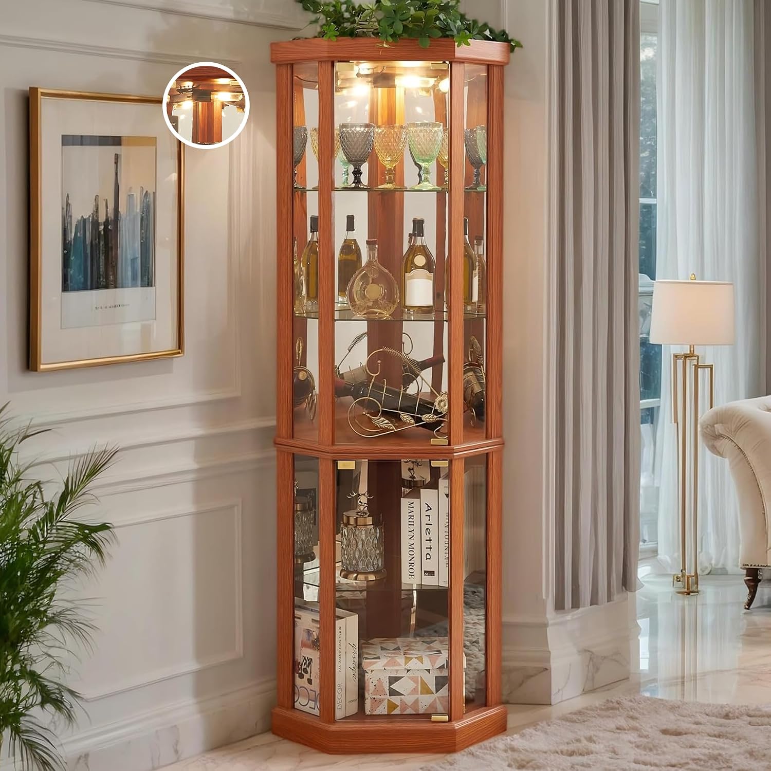 Corner Curio Cabinet, 70' H Lighted Glass Display Cage with Tempered Glass Doors and 5 Adjustable Shelves, Light Bulb Inclued, Wine Bar China Cabinet for Living Room (Dark Oak)