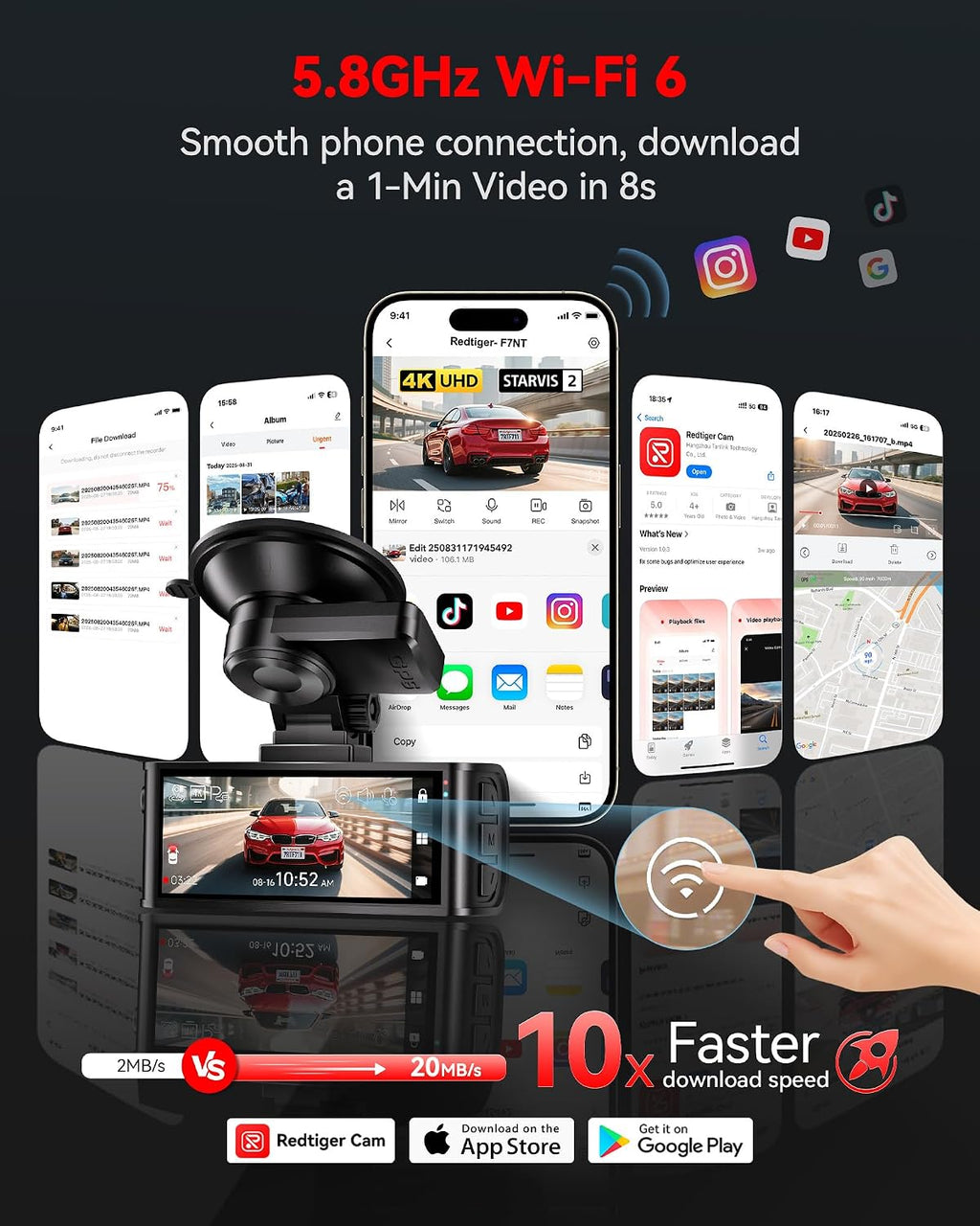 REDTIGER 4K STARVIS 2 Dash Cam Front and Rear, 5GHz WiFi 20MB/s Download, 128GB Card Included, Voice Control, Dash Camera for Cars with 3.18' Touch Screen, GPS, Loop Recording, Parking Mode(F7N Touch)