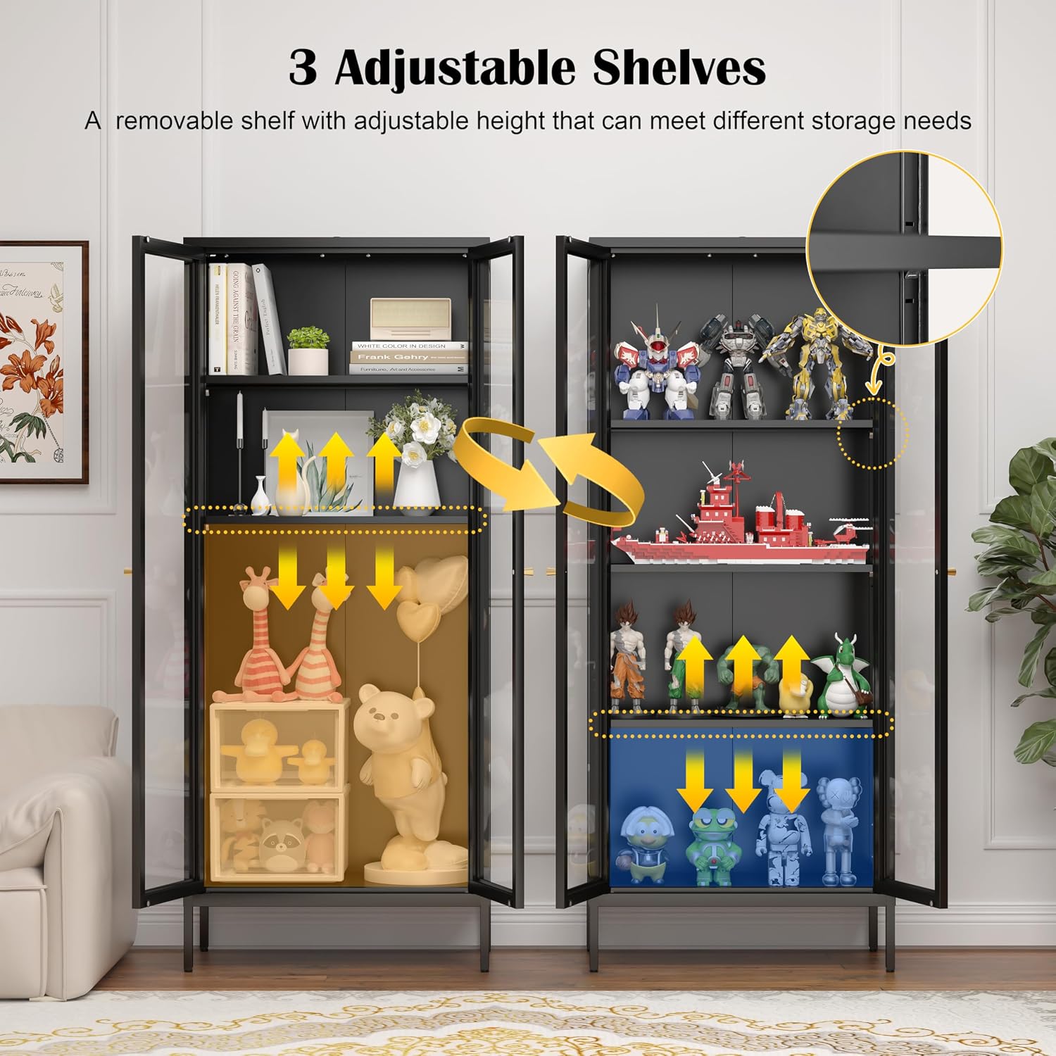 SteeLoong 66' Display Cabinet with Tempered Glass,Metal Curio Cabinet with Glass Doors,4-Tier Display Case for Collectibles,Trophy,Plant,Black Storage Cabinets for Living Room - Assemble Required