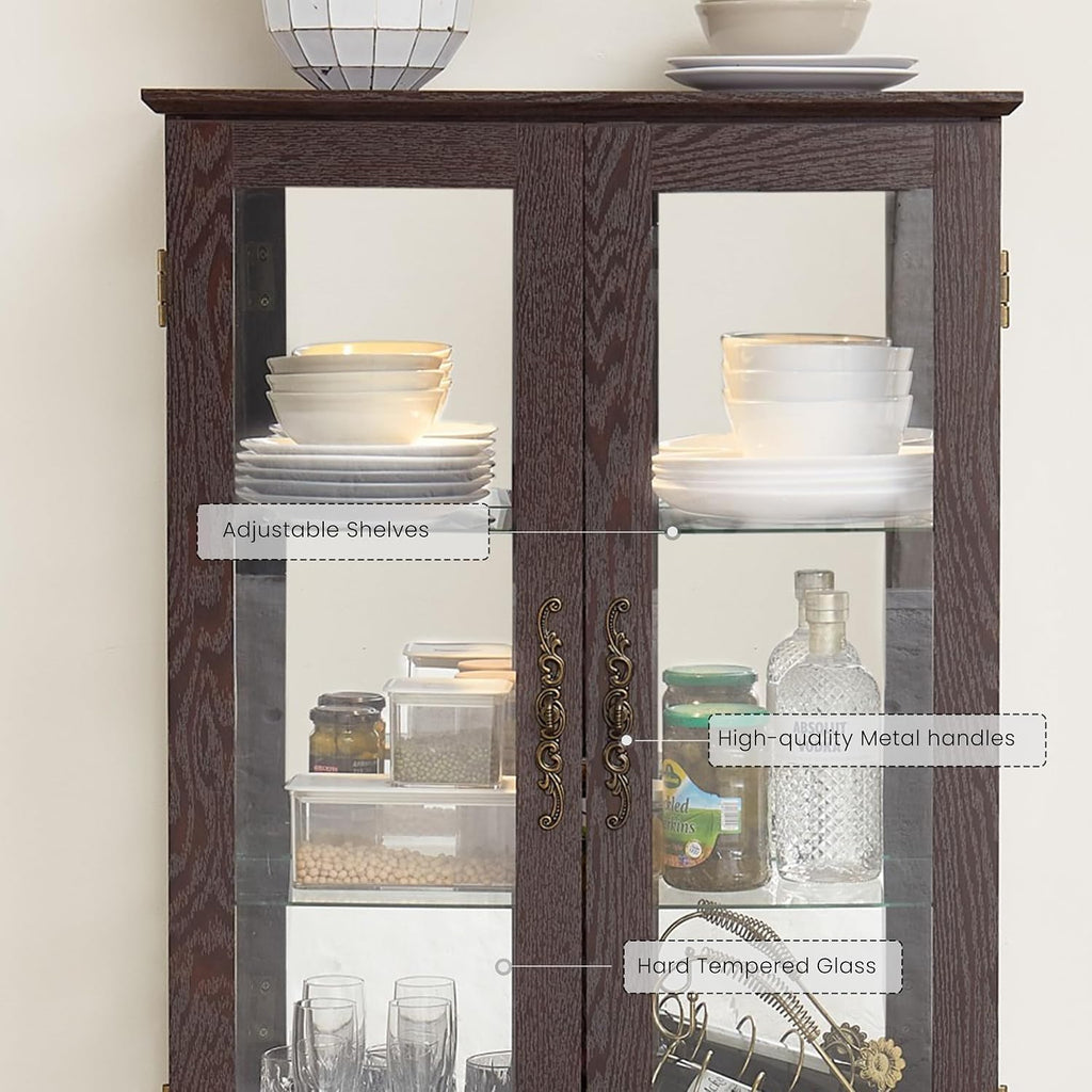 47' Lighted Glass Accent Curio Cabinet, 3-Tier Antique Storage Cage with Adjustable Shelves & Drawer, Acrylic Mirrored Pane, Light Blub Included, Small China Cabinet for Living Room (Dark Cherry)