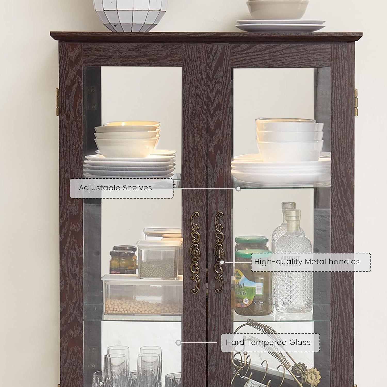 47' Lighted Glass Accent Curio Cabinet, 3-Tier Antique Storage Cage with Adjustable Shelves & Drawer, Acrylic Mirrored Pane, Light Blub Included, Small China Cabinet for Living Room (Dark Cherry)