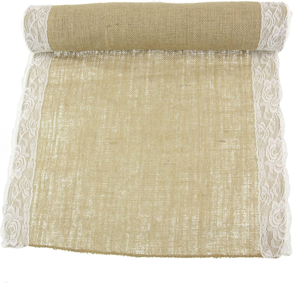 BambooMN Natural 17' x 180' Vintage Lace Burlap Table Runner for Rustic Wedding Bridal Shower Bachelorette Graduation Party Home Table Decor Decorations, 10 Pieces