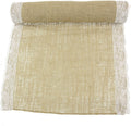 BambooMN Natural 17' x 180' Vintage Lace Burlap Table Runner for Rustic Wedding Bridal Shower Bachelorette Graduation Party Home Table Decor Decorations, 10 Pieces