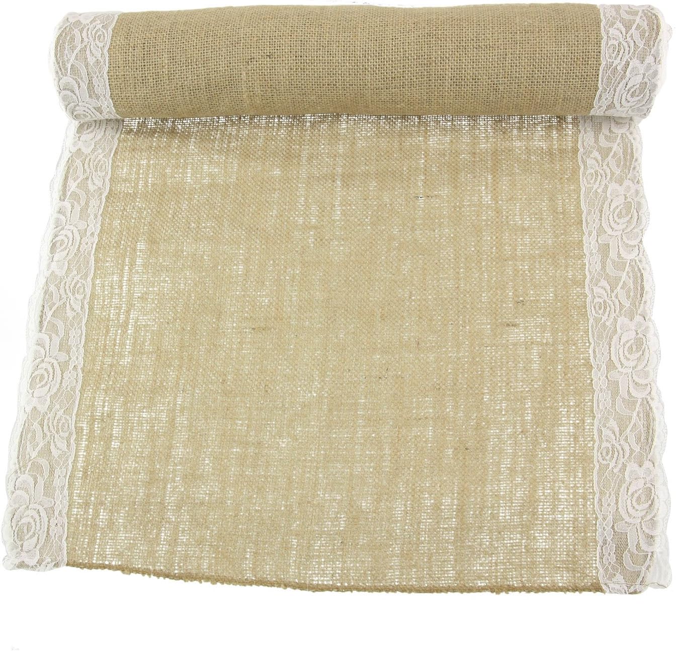 BambooMN Natural 17' x 180' Vintage Lace Burlap Table Runner for Rustic Wedding Bridal Shower Bachelorette Graduation Party Home Table Decor Decorations, 10 Pieces