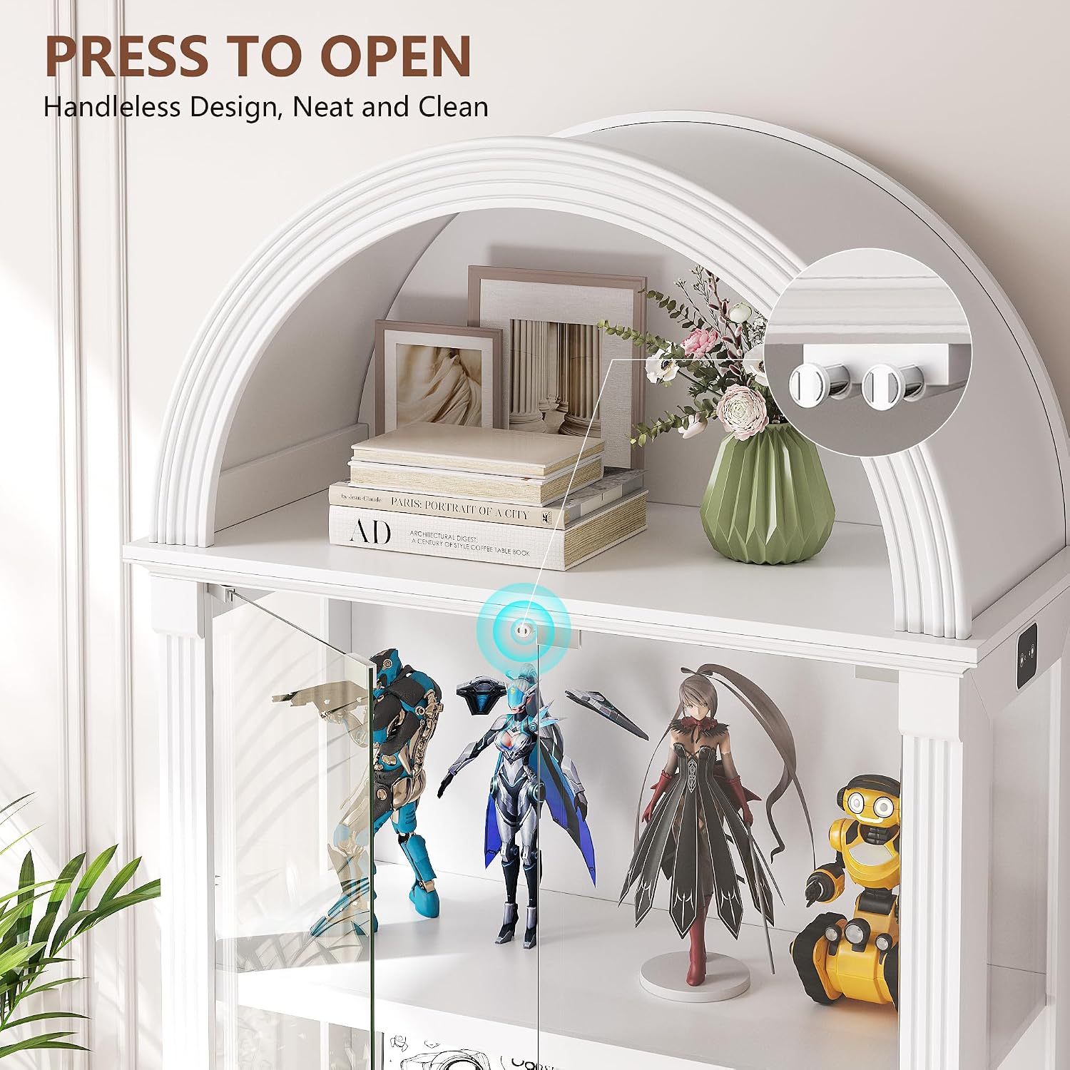 Dystler Lighted Display Cabinet with Glass Doors, 72' Tall Curio Cabinet - 4 Tier Display Case with Human Sensor Lights, Bookcase for Collectibles Toys Books, White