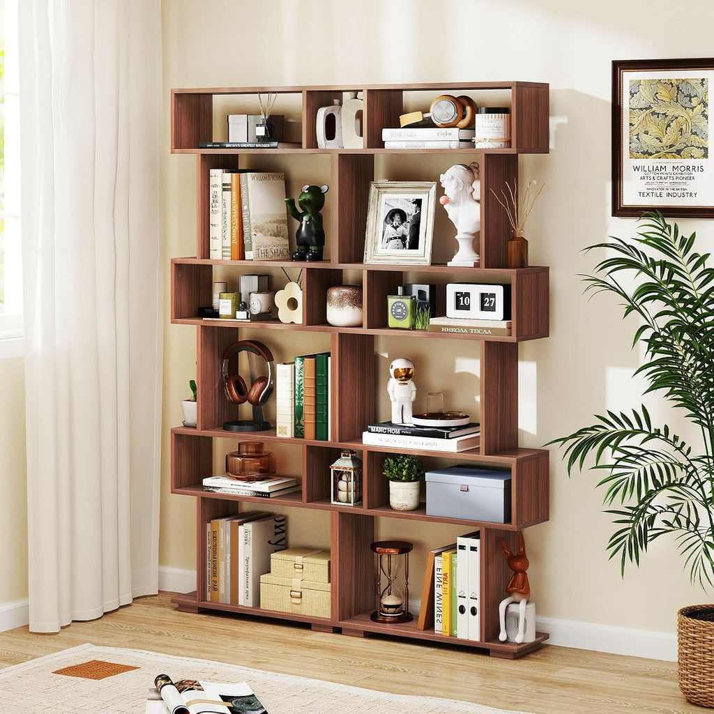 Giantex 6-Tier Geometric Bookshelf Set of 2, S-Shaped Bookcase with 2 Anti-Tipping Kits, Wooden Display Shelf, Decorative Storage Shelving Unit, Home Storage Organizer for Office Living Room, Walnut