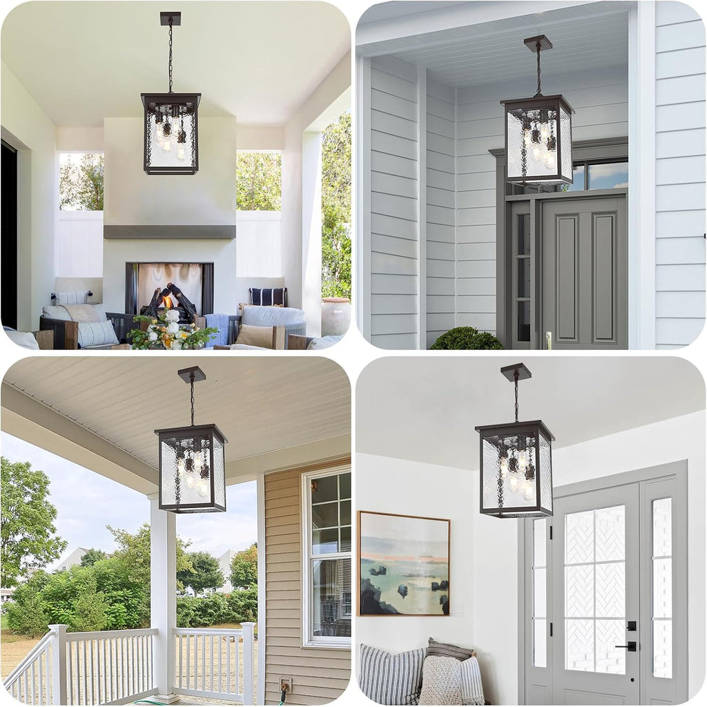 16.7'' Large Outdoor Pendant Light, 4-Lights Oil Rubbed Bronze Exterior Hanging Porch Chandelier Lantern with Hammer Glass, Modern Outdoor Ceiling Light Fixture for Entryway Gazebo Patio