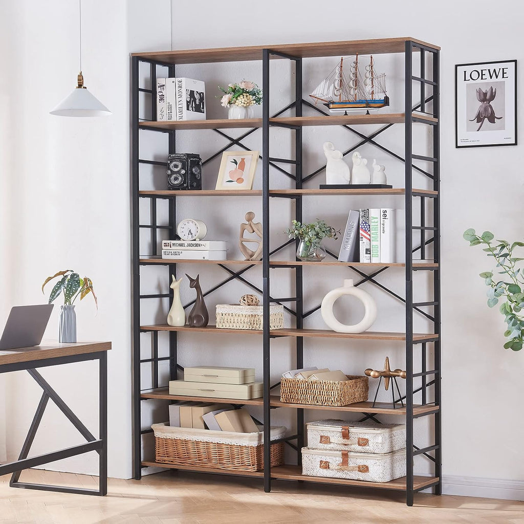 HOMISSUE Bookshelf, Industrial Double Wide 7-Tier Bookshelves, 84' Tall Bookcase with Open Shelves, Heavy Duty Bookcases with Storage for Living Room Home Office, Rustic Brown