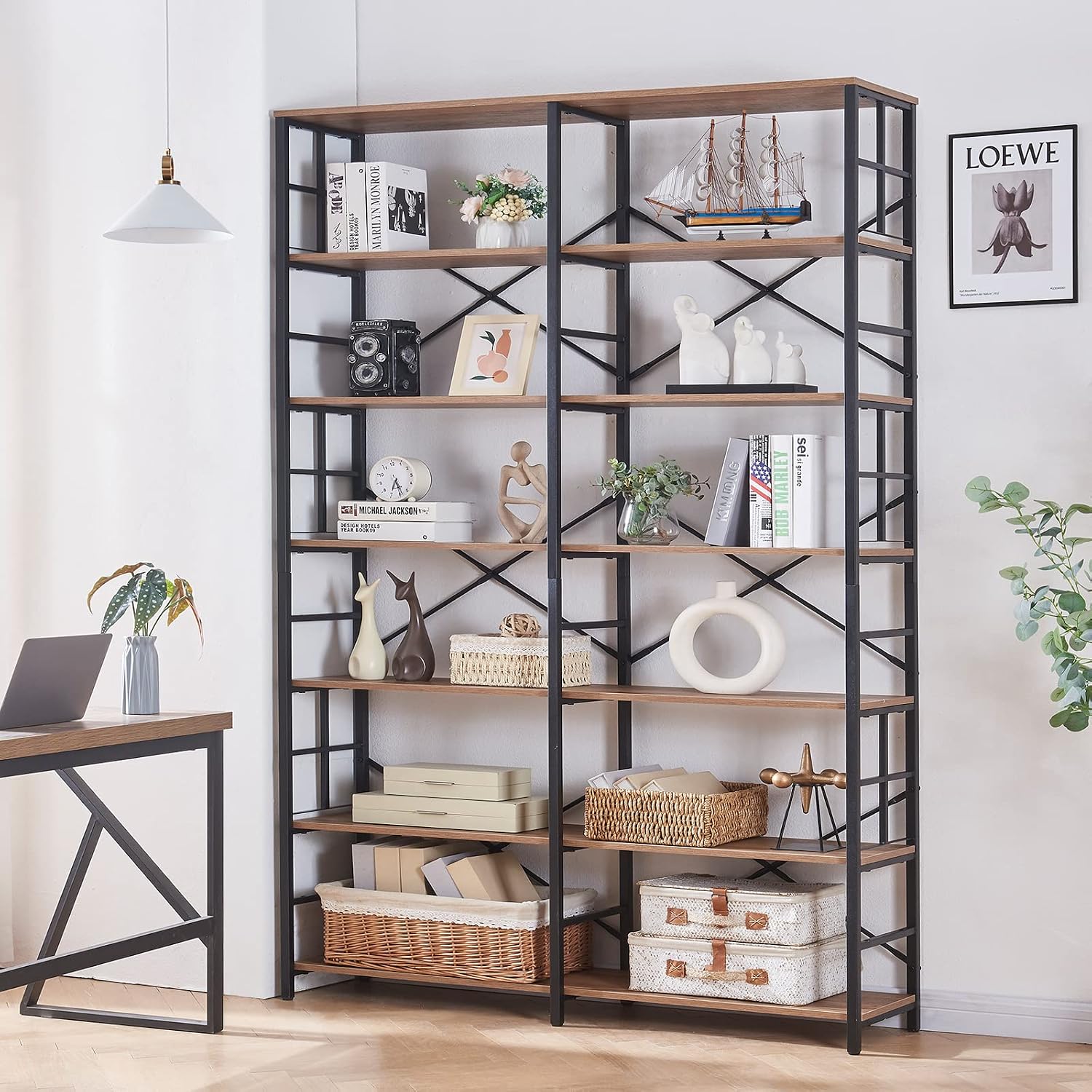 HOMISSUE Bookshelf, Industrial Double Wide 7-Tier Bookshelves, 84' Tall Bookcase with Open Shelves, Heavy Duty Bookcases with Storage for Living Room Home Office, Rustic Brown