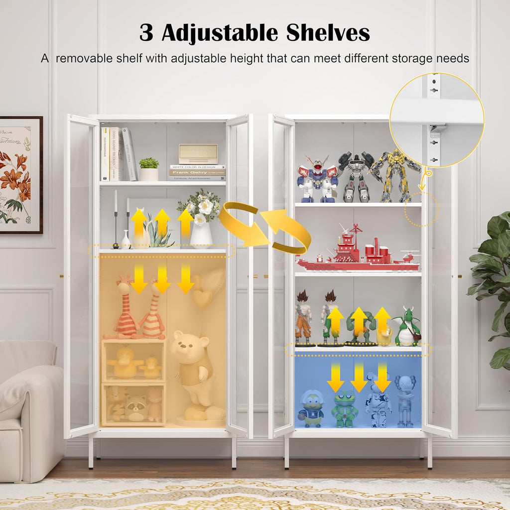 SteeLoong 66' Display Cabinet with Tempered Glass,Metal Curio Cabinet with Glass Doors,4-Tier Display Case for Collectibles,Trophy,Plant,White Storage Cabinets for Living Room - Assemble Required