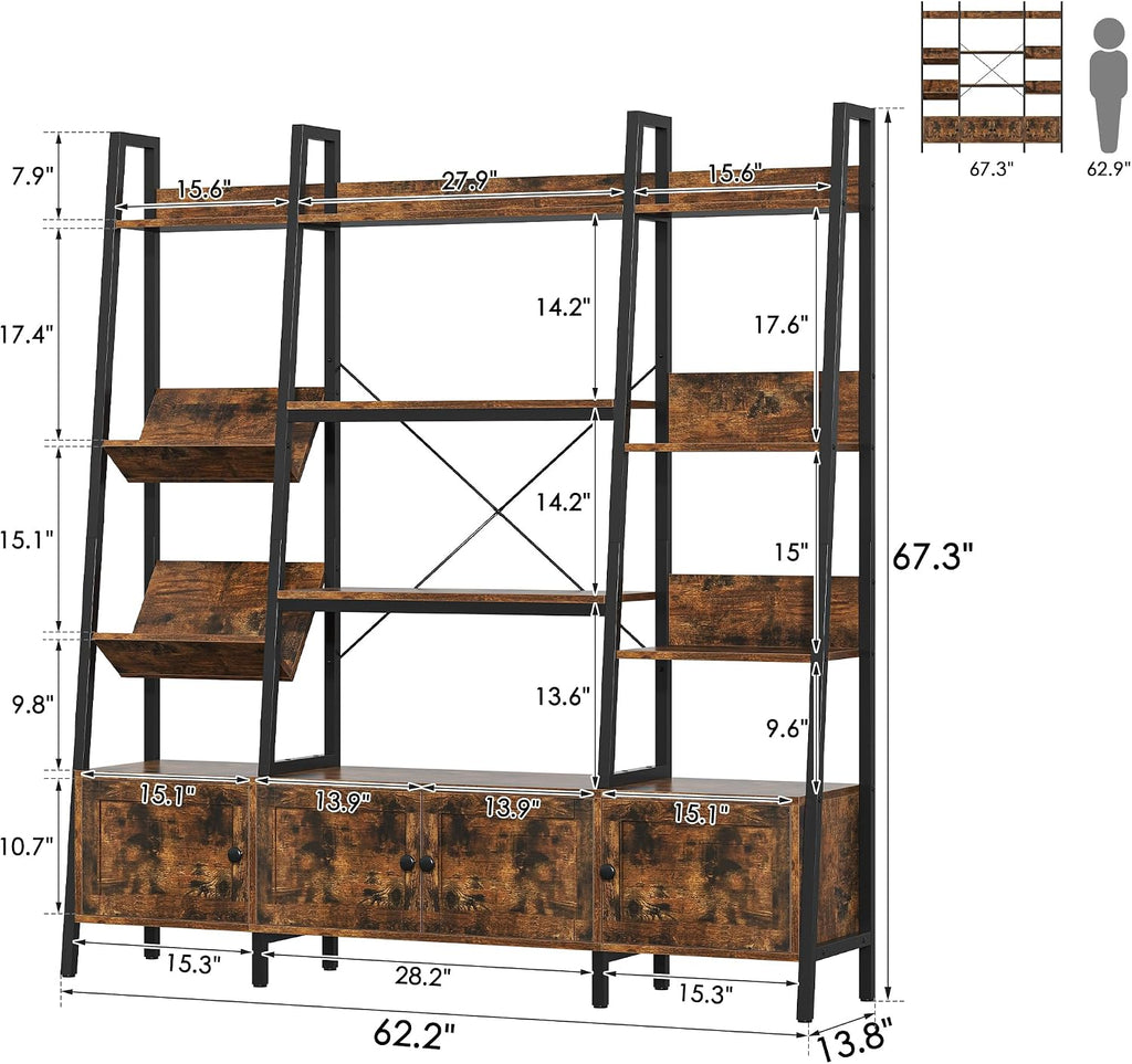 Nosepen Ladder Bookshelf with 4 Doors, 4 Tier Triple Width Large Open Storage Shelving, Industrial Style Capacity Home Office Bookcase with Adjustable Shelves, Display Cabinet Brown