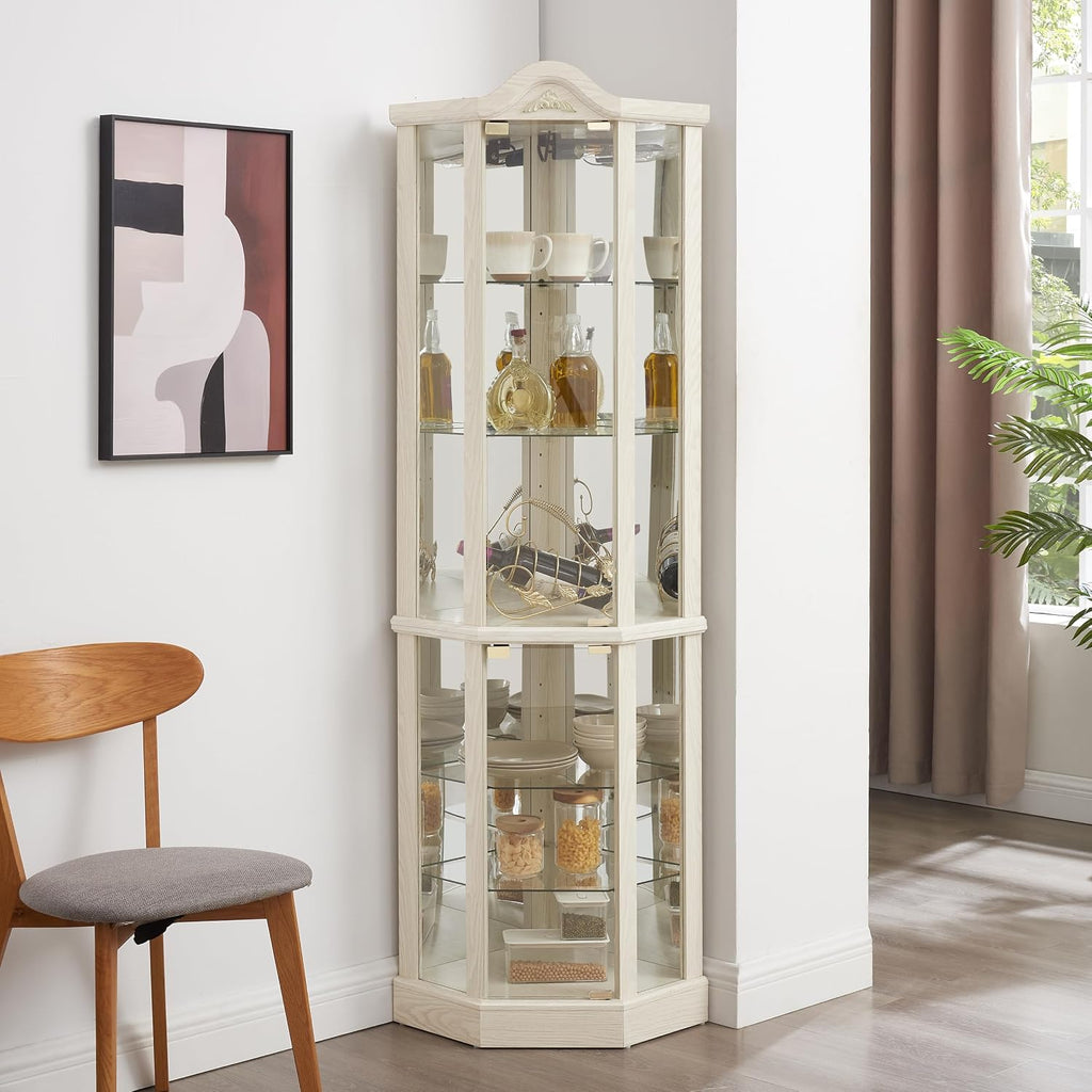 71' H Lighted Corner Display Cabinet, 6-Tier Wooden Curio Glass Cabinet with Adjustable Shelves, Carved Crown Decoration Corner Storage Display Case with Mirrored Back Pane (Antique White)