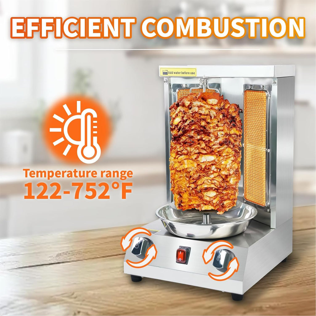 Shawarma Grill Machine - 15 lbs Capacity, Gas Vertical Rotisserie with 2 Burner, Stainless Steel Rotating Doner Kebab Gyro Meat Machine for Home, Kitchen