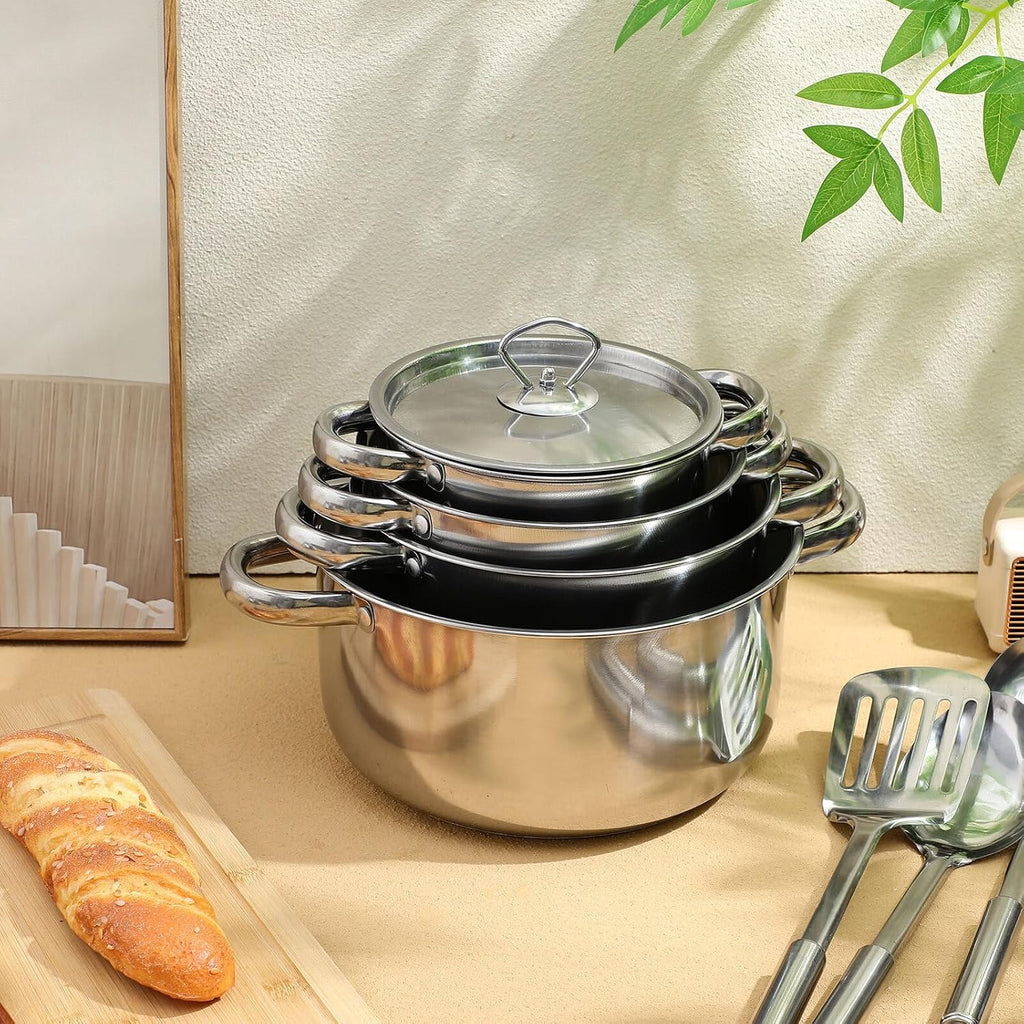 15pcs Stainless Steel Cookware Set with Lids and Cooking Utensils, Induction Compatible Kitchen Pots and Pans Set with Composite Bottom for Gas, Electric, and Induction Stoves
