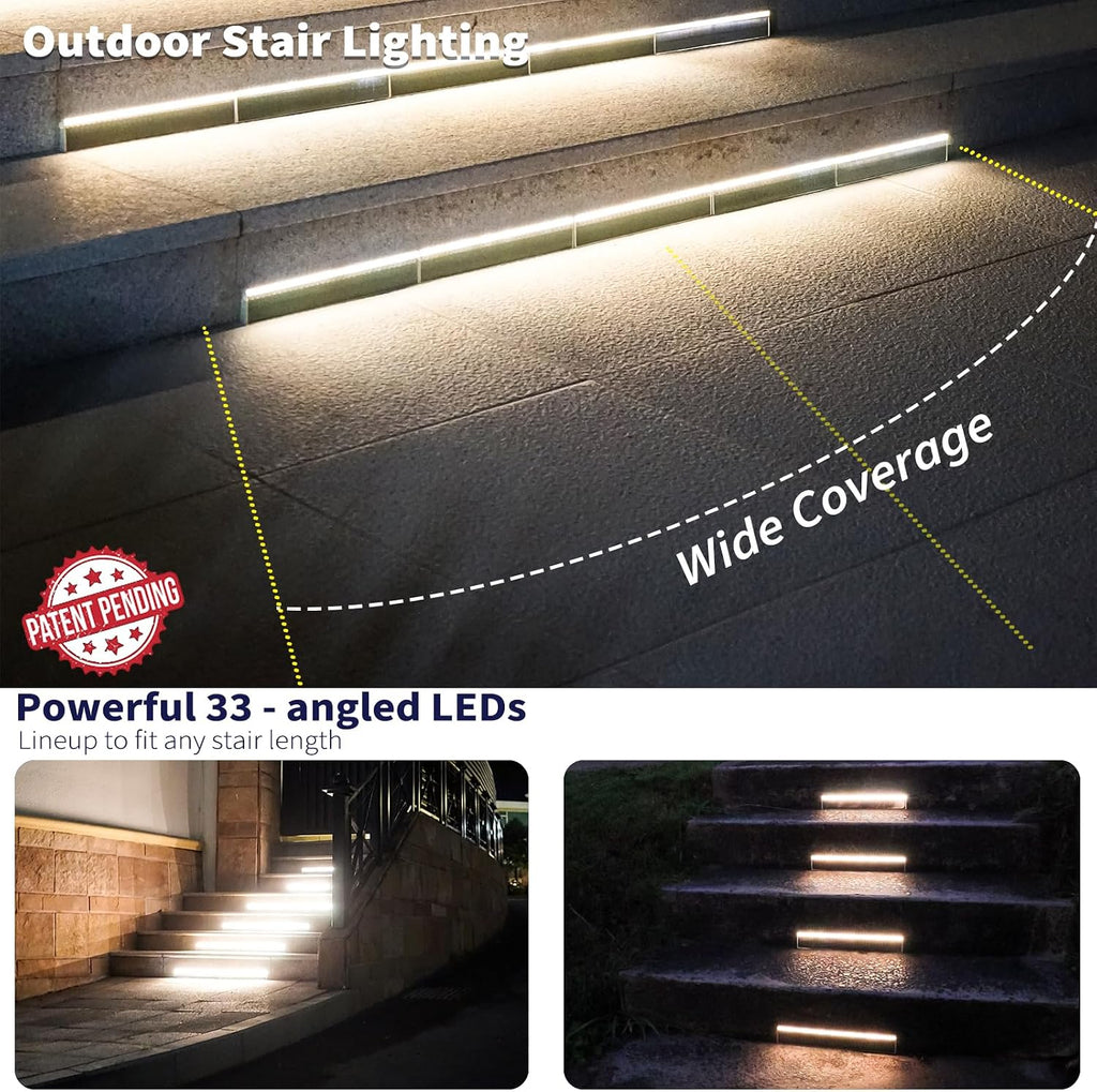 SHONELIGHTING Solar Step Lights for Outside, 33 Focused-Beam High-Brightness LEDs, Waterproof Aluminum Outdoor Stair Light for Risers, Curbsides, Poolsides, Planter Edges (Warm White, 6Pack)