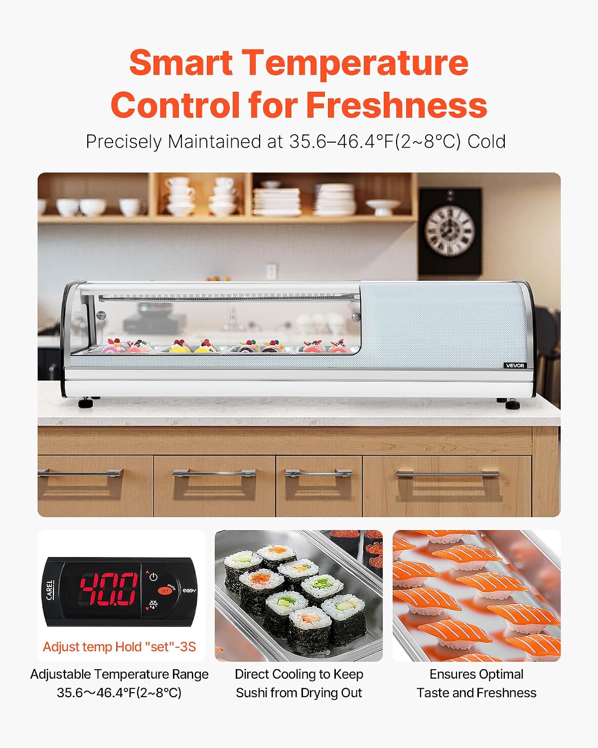 VEVOR Sushi Display Case Refrigerator, 1.5 Cu.ft Commercial Sushi Case, 4-Pan Countertop Showcase with Curved Glass, LED Lighting, and Digital Temperature Control, for Sushi-Bar, Restaurant, Store