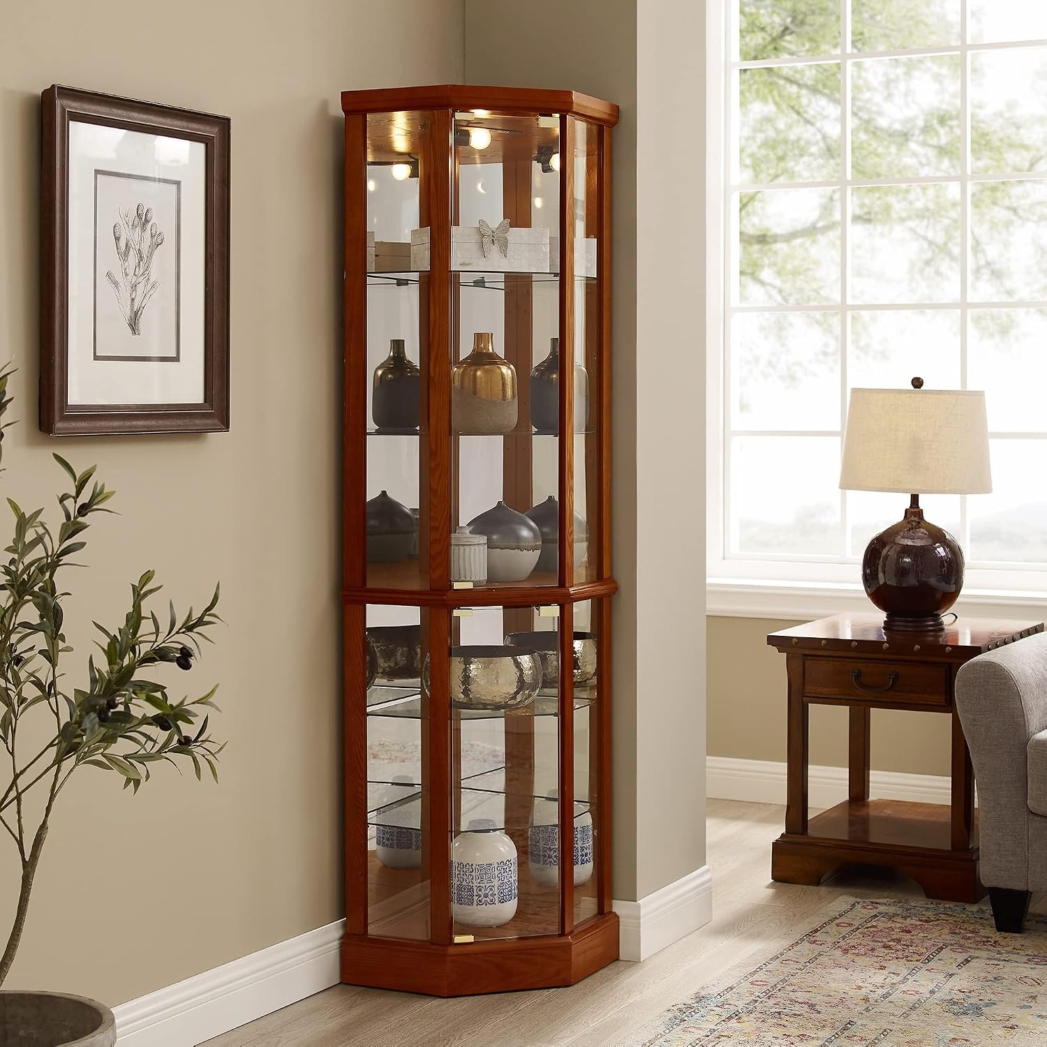 Corner Curio Cabinet, 70' Tall Lighted Glass Display Cage with Tempered Glass Doors and 5 Adjustable Shelves, Wine Bar China Cabinet for Living Room (E26 Bulb Not Inclued) (Oak & Style 2)