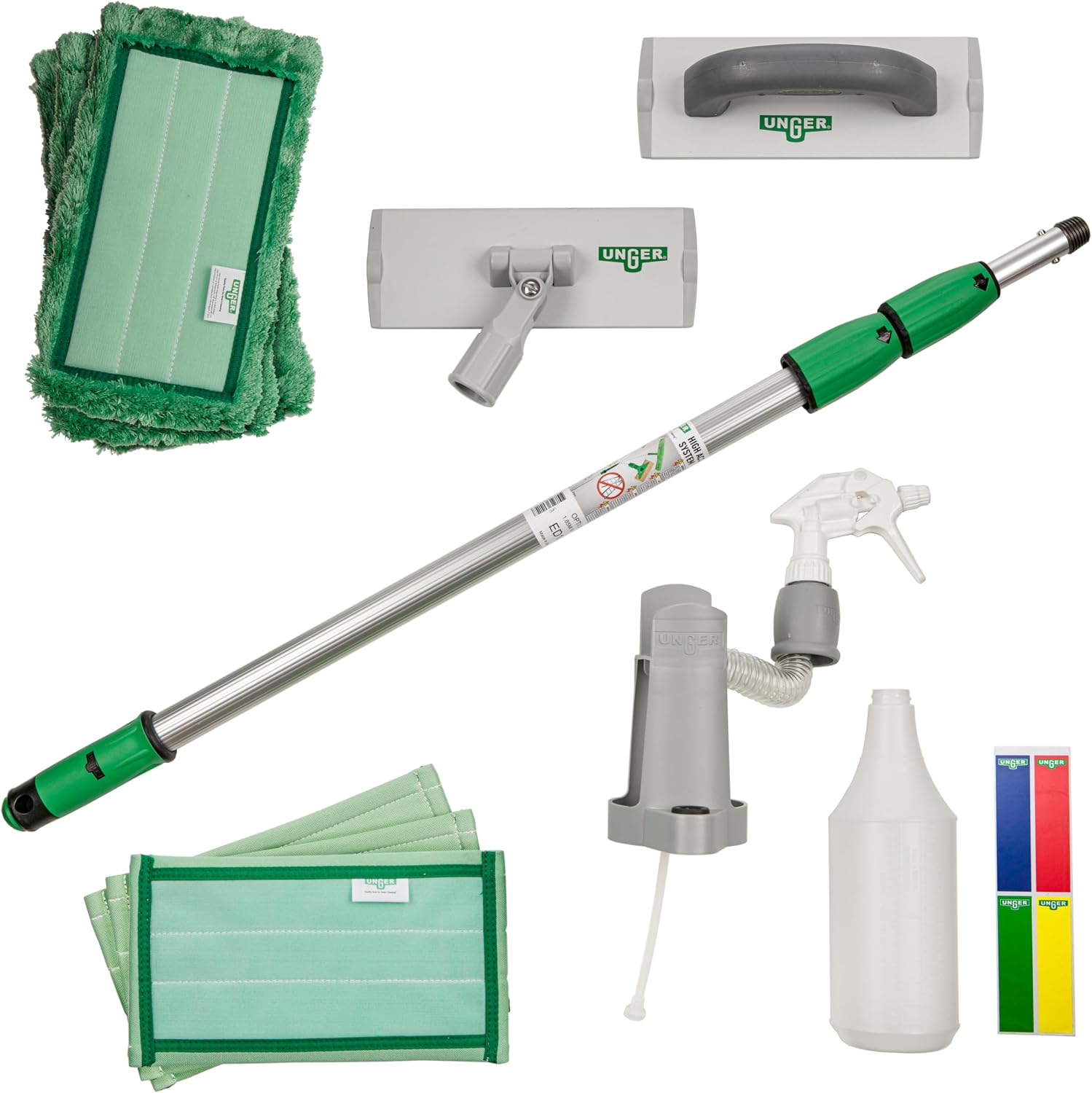 Unger Commercial SpeedClean Window Cleaning Kit, 11-Piece Set, 8-Inch Pad Holder with Microfiber Pads, 6-Foot Reach