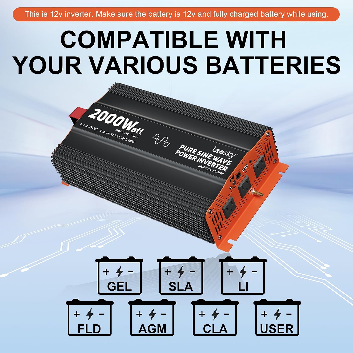 2000 Watt Pure Sine Wave Power Inverter 12v to 110v 120v Built-in UL-Listed Fuse Compatible with Lithium Battery Starlink for Home RV Truck Off-Grid Solar by LEESKY