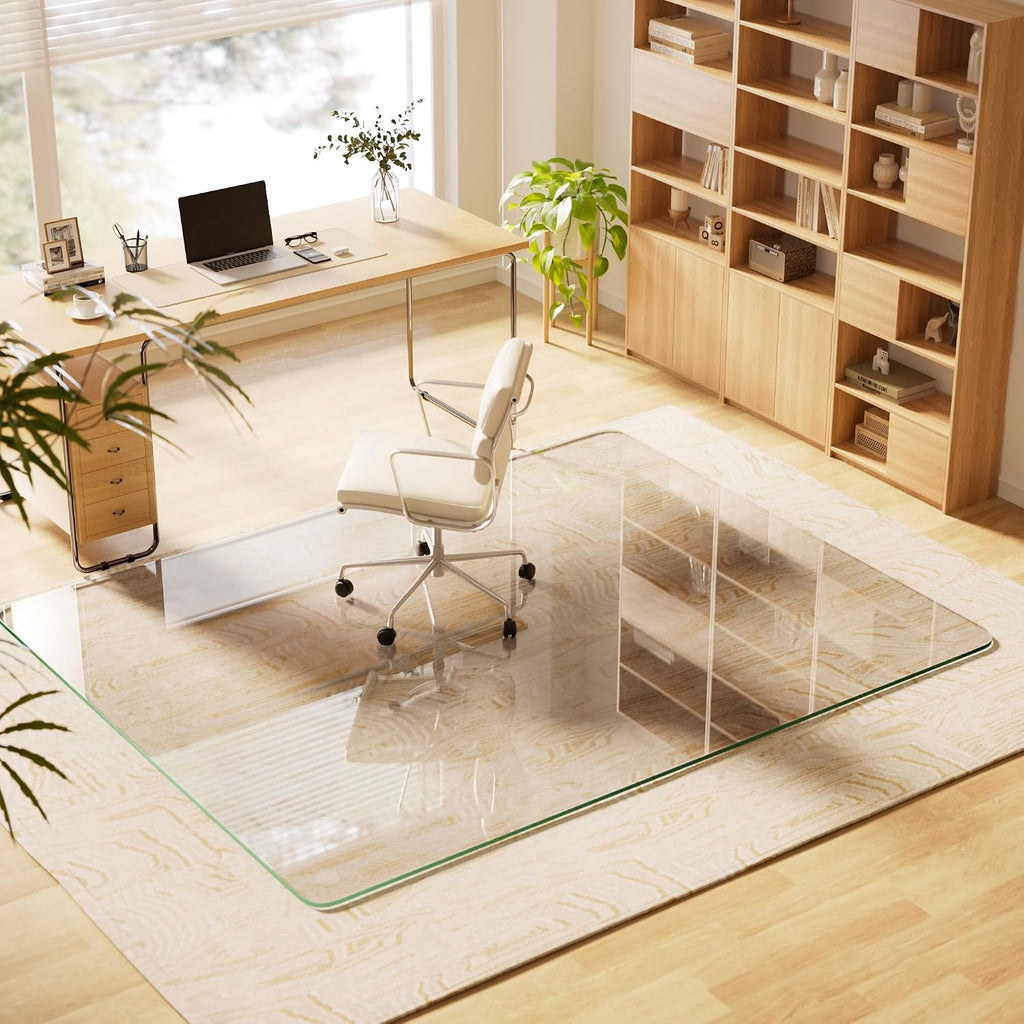 VETROUVE 48' x 60' Chair Mat for Carpet, Heavy Duty Hard Tempered Glass Desk Office Mat on Carpet or Hard Floor with 4 Anti-Slip Pads, 1/5' Thick, Smooth Rolling, Scratch Resistant, Transparent