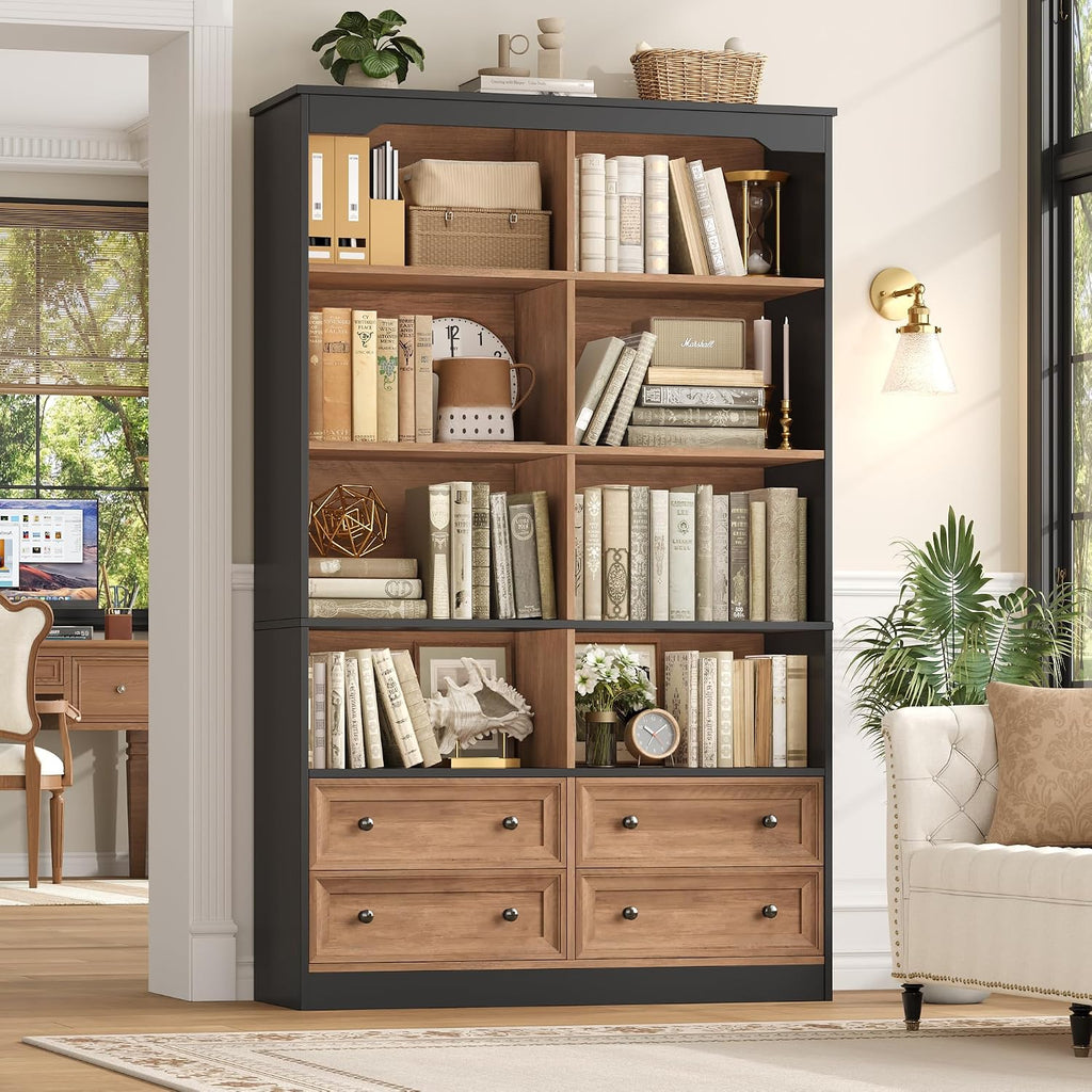 FINETONES 71' Tall Bookshelf with 4 Drawers, 6-Tier Double Wide Bookshelves and Bookcases with Storage, Tall Bookshelf Large Standing Book Cabinet for Home Office, Brown/Black
