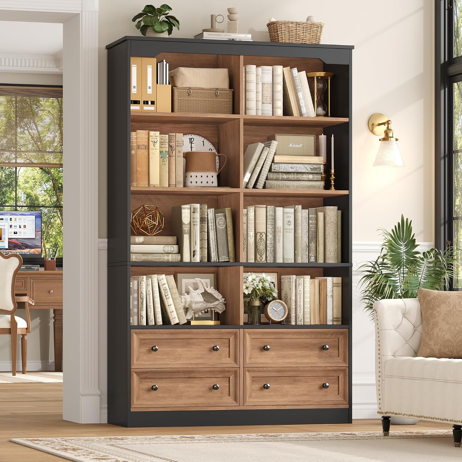 FINETONES 71' Tall Bookshelf with 4 Drawers, 6-Tier Double Wide Bookshelves and Bookcases with Storage, Tall Bookshelf Large Standing Book Cabinet for Home Office, Brown/Black