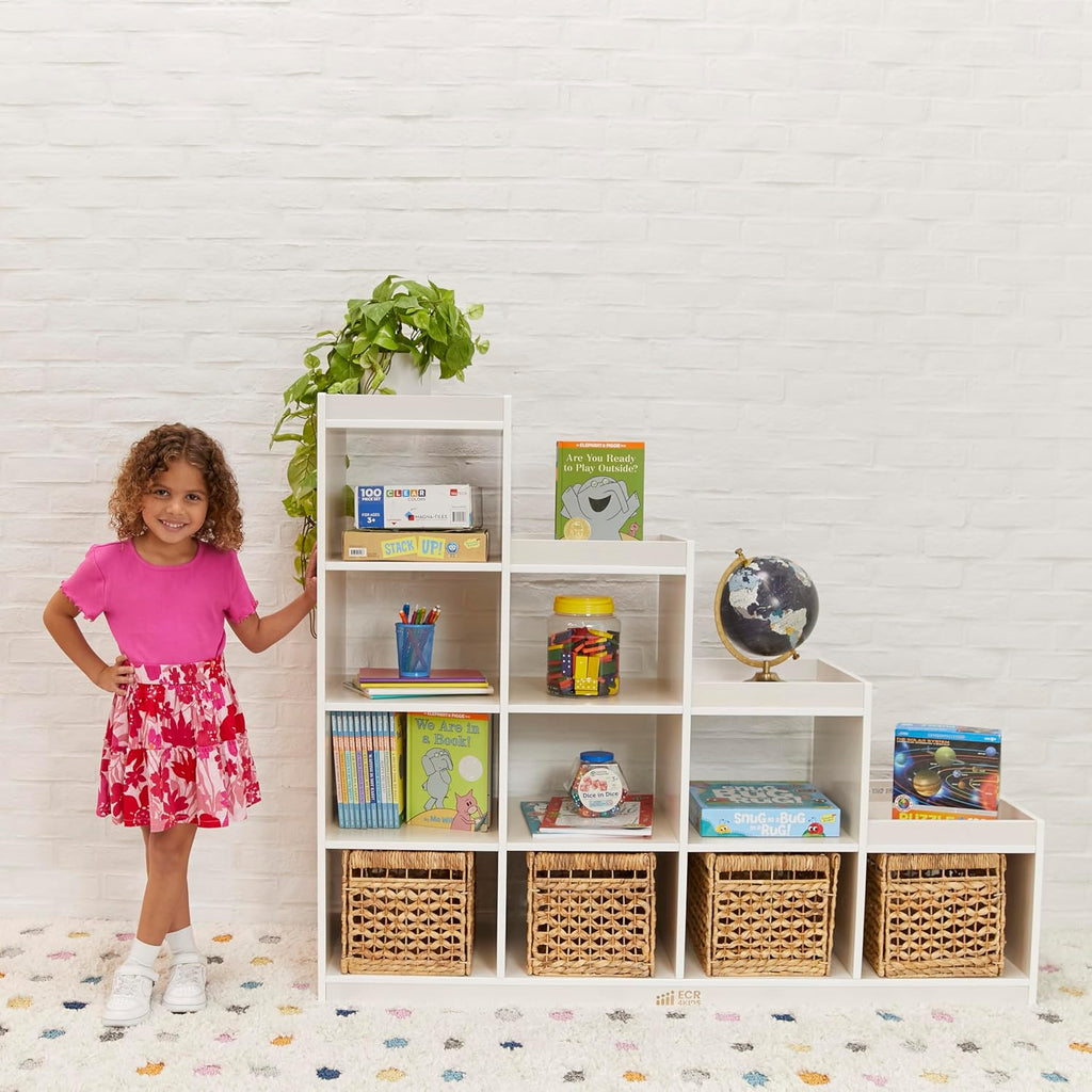 ECR4Kids 4-3-2-1 Double-Sided Cube Storage Organizer, Classroom Furniture, White Wash