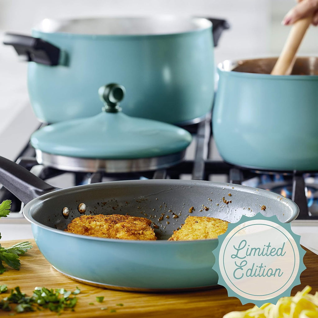 Farberware 120 Limited Edition Stainless Steel Cookware Pots and Pans Set with Prestige Kitchen Tools, 10 Piece, Aqua Blue