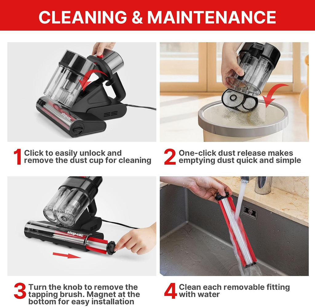 Shop-Vac Mattress Vacuum Cleaner, 14KPa Powerful Bed Vacuum with 253.7nm UV-C Light, 36960 RPM/Min Tapping, HEPA Filter & Ultrasonic, Dual Cup Filtration, for Bed, Sofa, Couch, 400W, 15.4 ft Corded