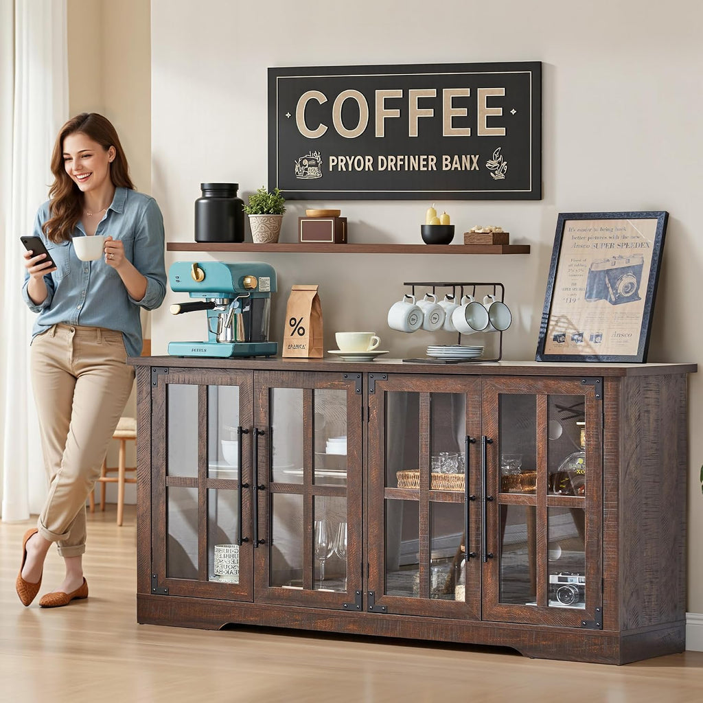 AMERLIFE Farmhouse 63' Buffet Sideboard Cabinet with Glass Door, Large Storage Cabinet with Adjustable Shelf, Wooden Coffee Bar Station for Kitchen, Dinning Room, Brown