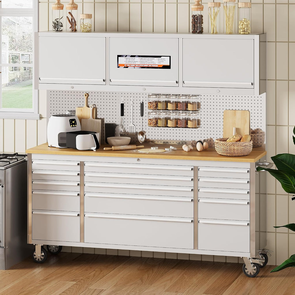 PeakPursuit 72' Rolling Tool Chest with 15 Drawers, Solid Rubber Wood Workbench Top, Locking Wheels & Key Lock, Mobile Garage Tool Cabinet for Workshop Storage and Organization, Silver