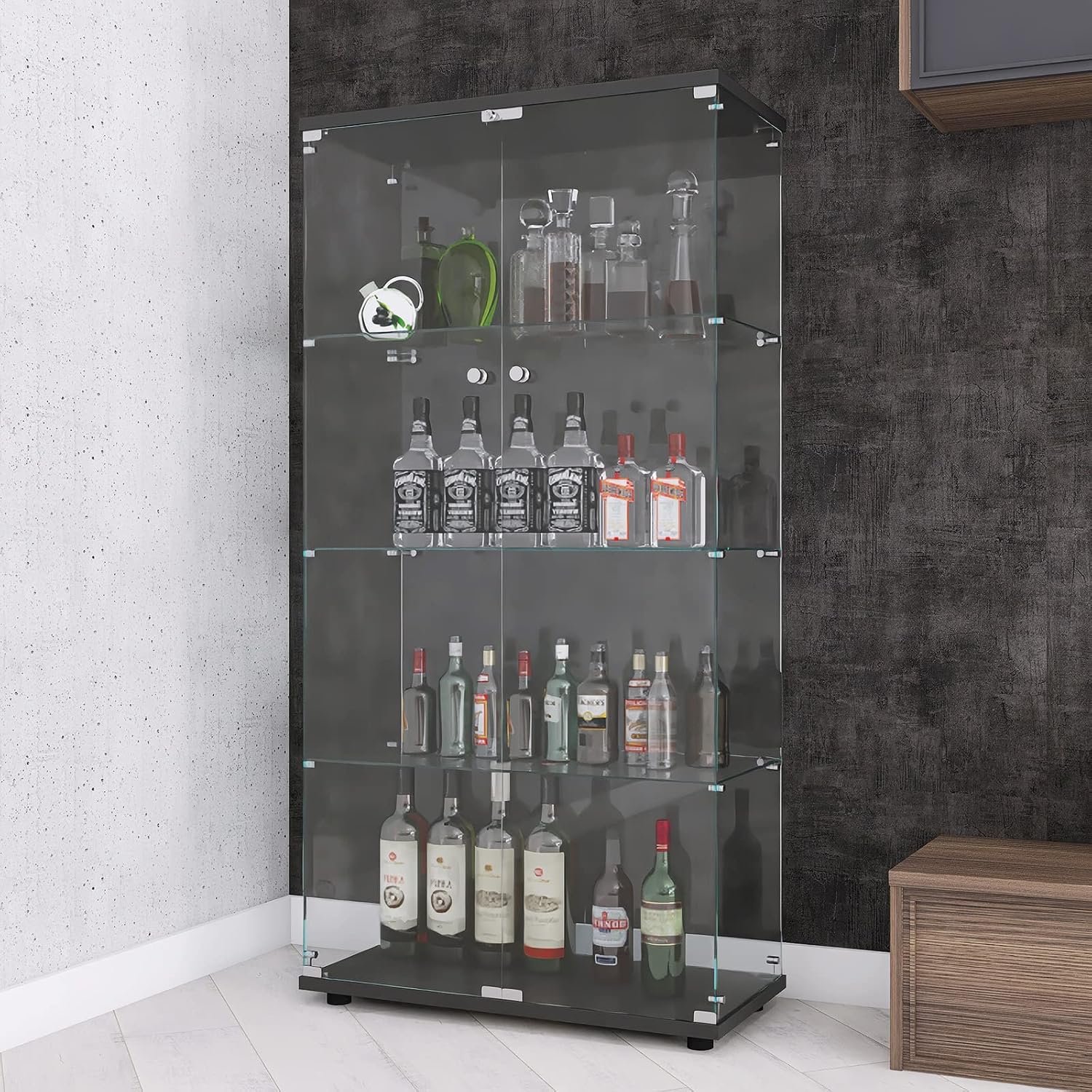 Modern 4-Tier Two-Door Glass Display Cabinet Shelves with Door Floor Standing Curio Glass Countertop Display Bookshelf for Living Room Bedroom Office