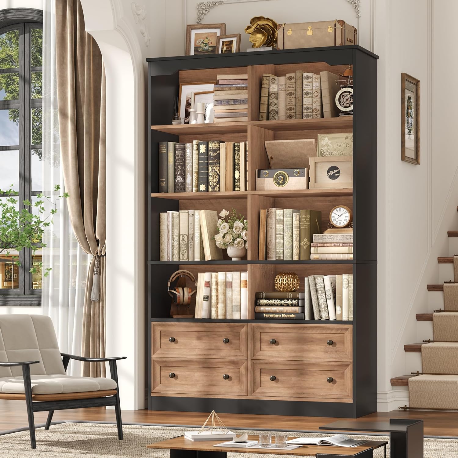 FINETONES 71' Tall Bookshelf with 4 Drawers, 6-Tier Double Wide Bookshelves and Bookcases with Storage, Tall Bookshelf Large Standing Book Cabinet for Home Office, Brown/Black