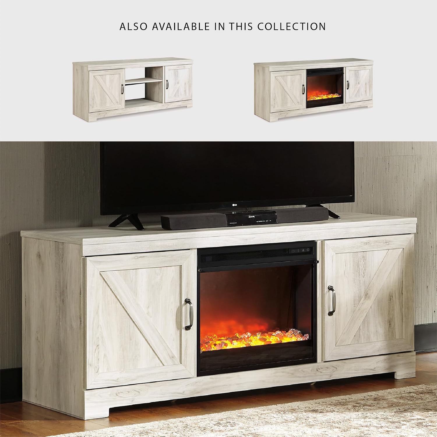 Signature Design by Ashley Bellaby Farmhouse 63' TV Stand with Fireplace for TVs up to 72', Whitewash