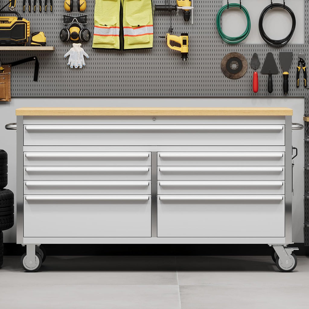 PeakPursuit 61' Rolling Tool Chest with 9 Drawers, Solid Rubber Wood Workbench Top, Locking Wheels & Key Lock, Mobile Garage Tool Cabinet for Workshop Storage & Organization, Silver